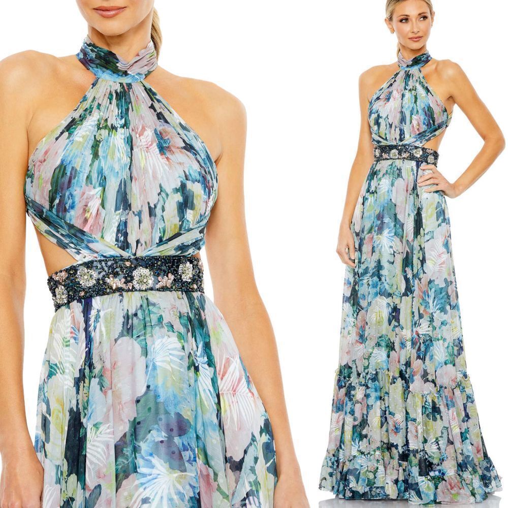NWT Mac Duggal Floral Halter A-line Gown W/Cutouts & Embellished Belt - Size 14
